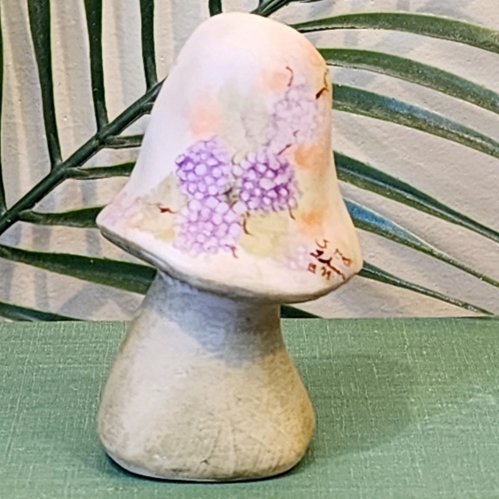 Vintage Hand Painted Mushroom Floral Figurine Art Fairy Whimsy 3" Signed Purple